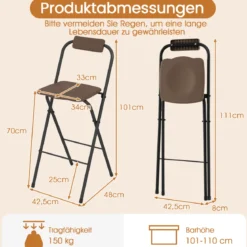 2er Set Barhocker mit Rückenlehne & Fußstütze Klappbare Barstühle bis zu 150 kg Belastbar Braun