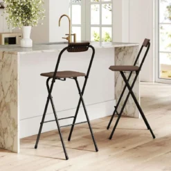 2er Set Barhocker mit Rückenlehne & Fußstütze Klappbare Barstühle bis zu 150 kg Belastbar Braun