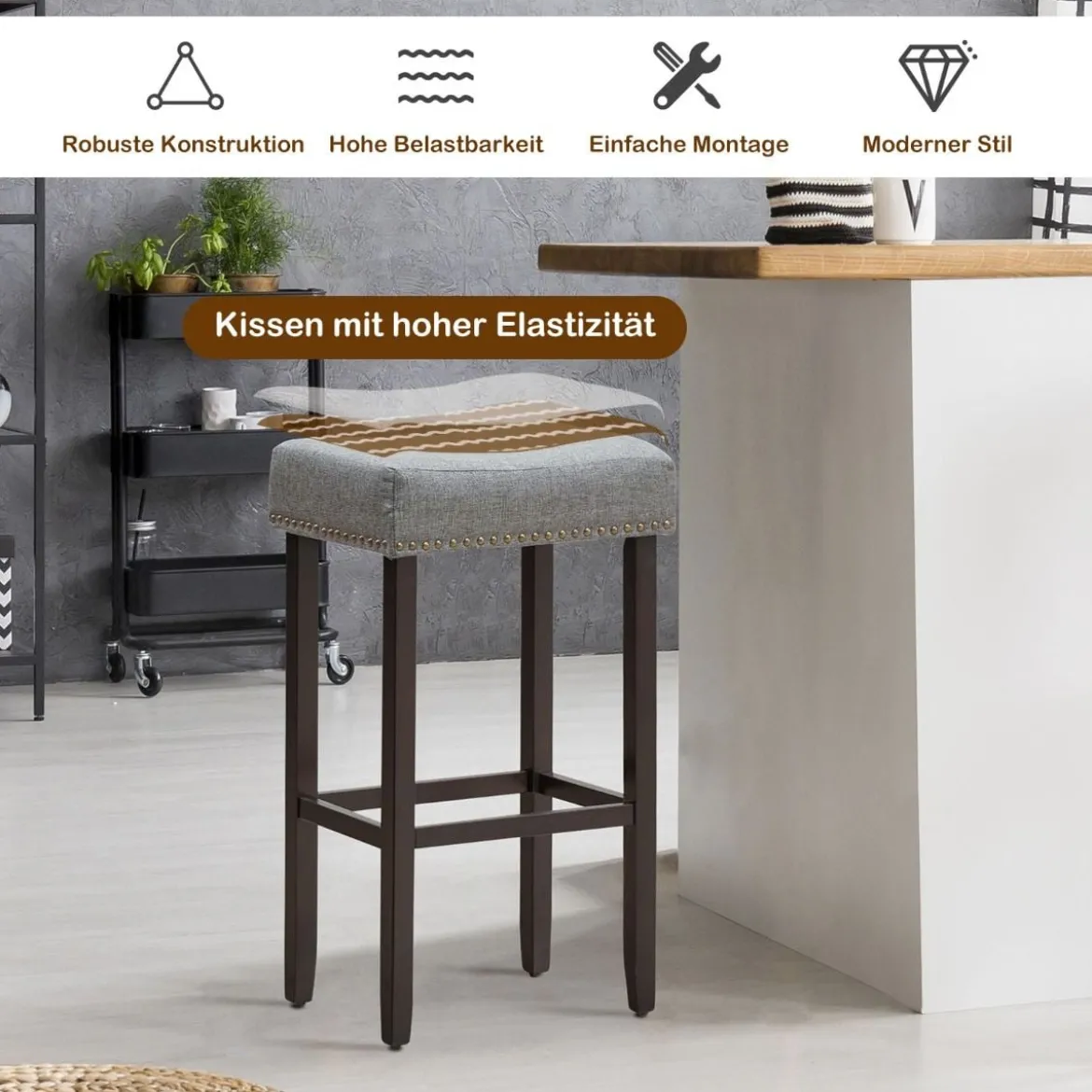 2er Set Barhocker Modern Hochhocker Thekenhocker ohne Lehne 43 x 33 x 74 cm Grau