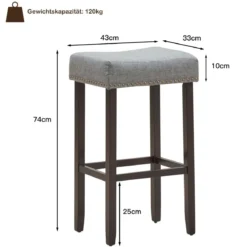 2er Set Barhocker Modern Hochhocker Thekenhocker ohne Lehne 43 x 33 x 74 cm Grau