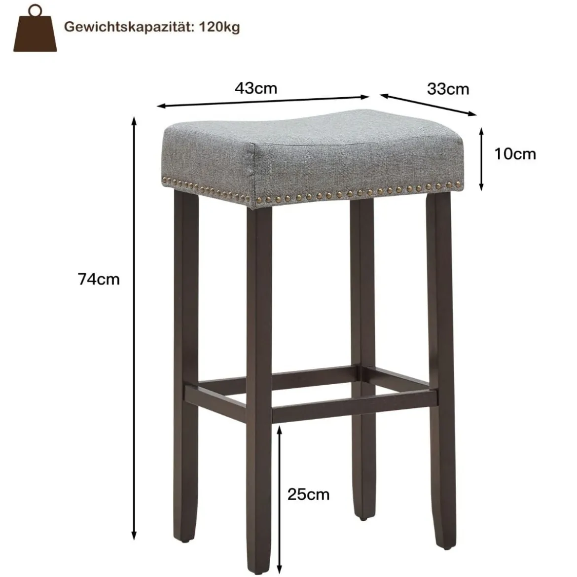 2er Set Barhocker Modern Hochhocker Thekenhocker ohne Lehne 43 x 33 x 74 cm Grau