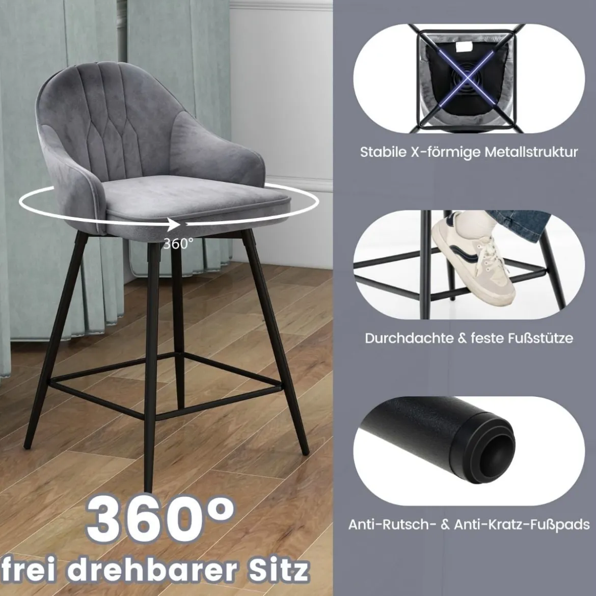 2er Set Barhockern mit Samtpolsterung & Metallbeinen 360°Drehbare Sitzhocker Grau