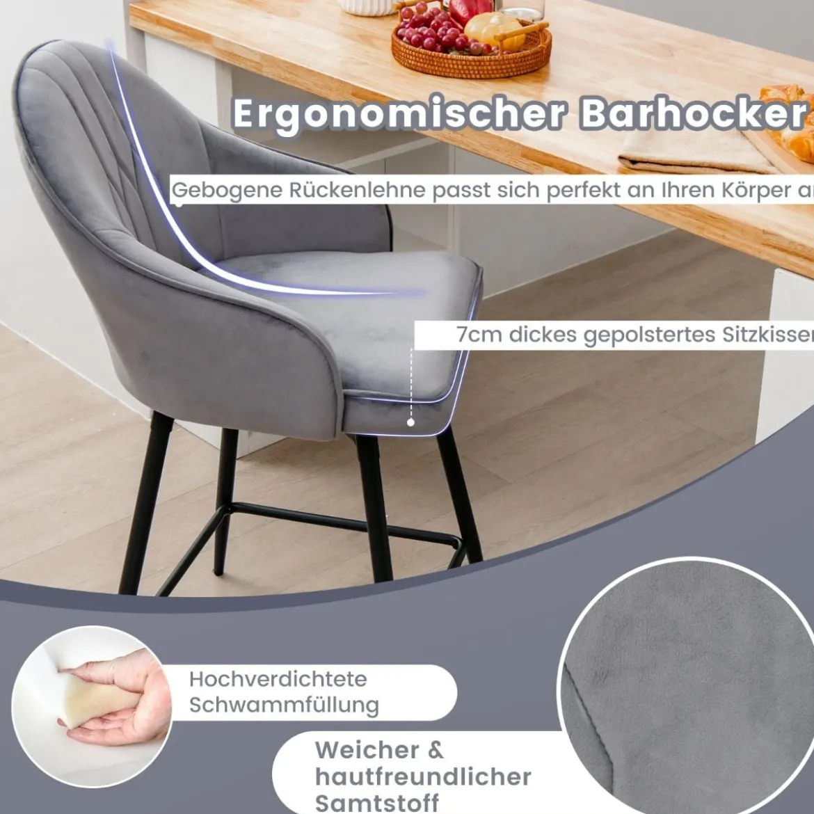 2er Set Barhockern mit Samtpolsterung & Metallbeinen 360°Drehbare Sitzhocker Grau