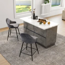 2er Set Barhockern mit Samtpolsterung & Metallbeinen 360°Drehbare Sitzhocker Grau