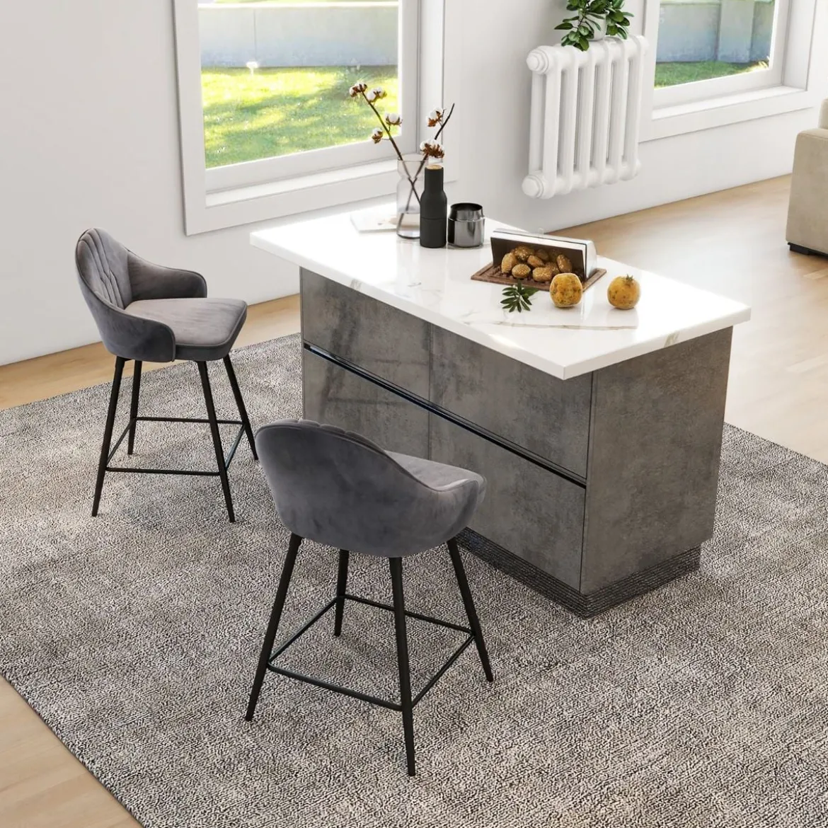 2er Set Barhockern mit Samtpolsterung & Metallbeinen 360°Drehbare Sitzhocker Grau