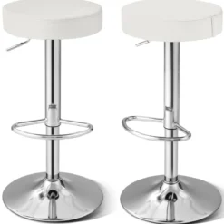 2er-Set Barhocker rückenlose Kneipenhocker aus PU-Leder mit einstellbarer Höhe Weiß