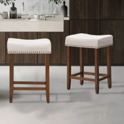 2er Set Barhocker Thekenhocker gepolsterter Barstuhl mit Holzbeine 43 x 33 x 61 cm Beige