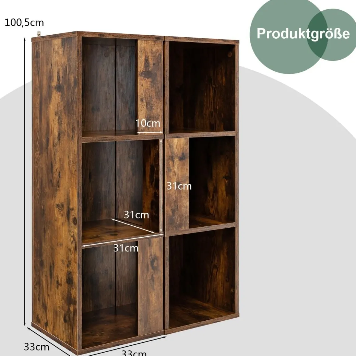 2er Set Bücherregal mit Kippsicherung 3 Ebenen Standregal 33 x 33 x 100,5 cm Rustikales Braun