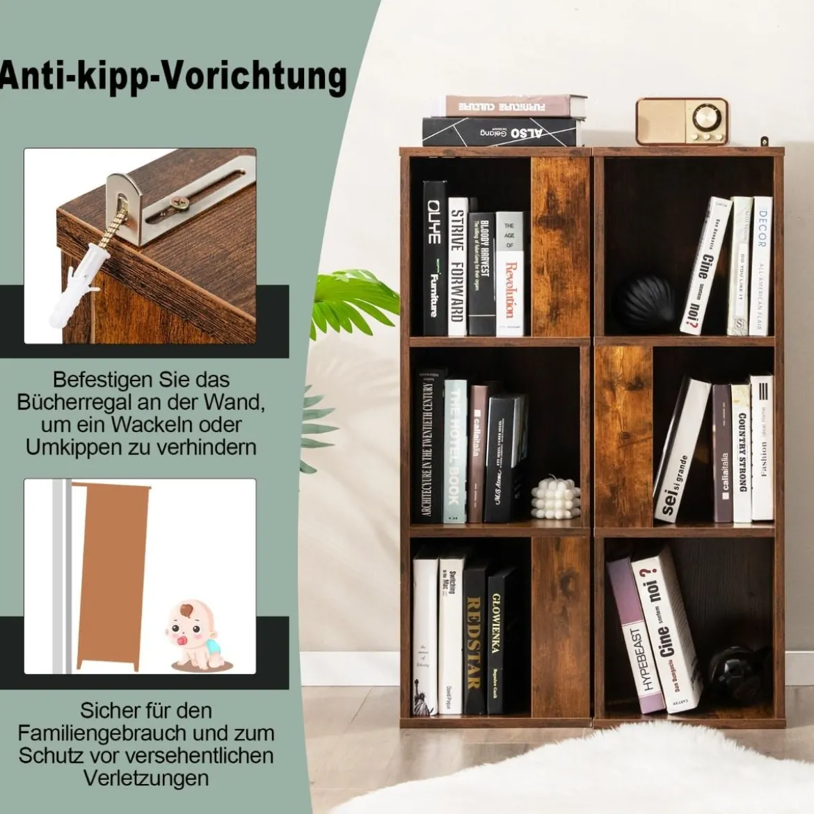 2er Set Bücherregal mit Kippsicherung 3 Ebenen Standregal 33 x 33 x 100,5 cm Rustikales Braun