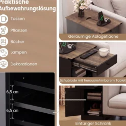 2er Set Beistelltisch Beistellschrank mit Ladestation Nachttisch mit klappbarer Tischplatte Schwarz