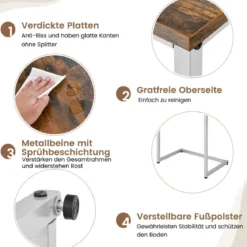 3er Set Beistelltische mit Metallrahmen C-Form Couchtisch Satztisch Sofatisch Vintagebraun
