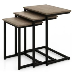 3er Set Beistelltische mit Metallrahmen C-Form Couchtisch Satztisch Sofatisch Graubraun