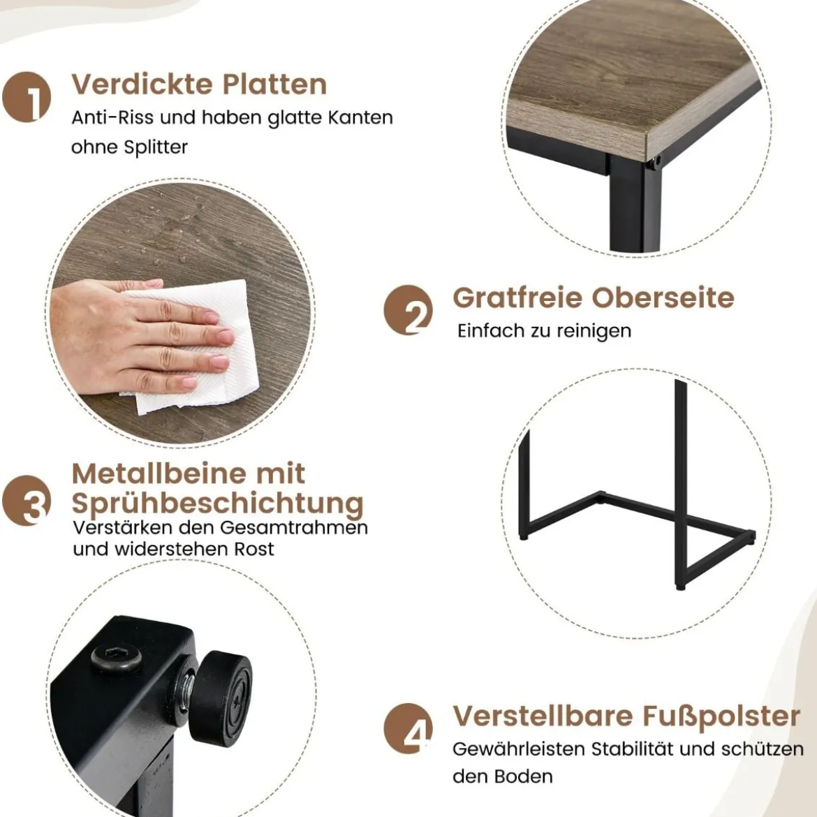 3er Set Beistelltische mit Metallrahmen C-Form Couchtisch Satztisch Sofatisch Graubraun