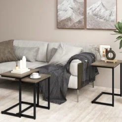 3er Set Beistelltische mit Metallrahmen C-Form Couchtisch Satztisch Sofatisch Graubraun