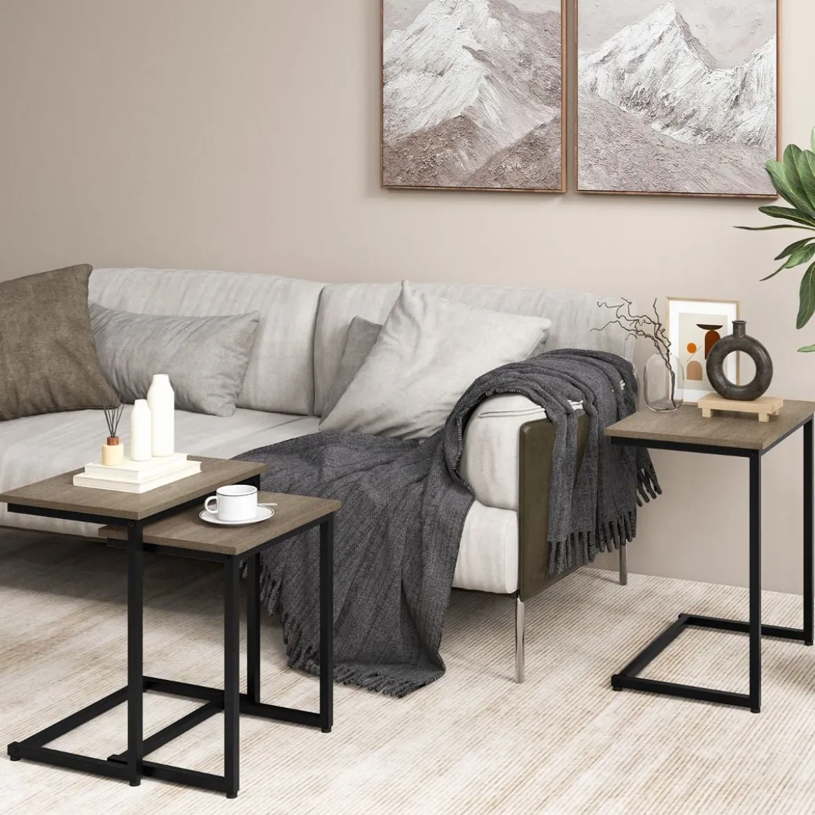 3er Set Beistelltische mit Metallrahmen C-Form Couchtisch Satztisch Sofatisch Graubraun