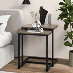 3er Set Beistelltische mit Metallrahmen C-Form Couchtisch Satztisch Sofatisch Graubraun