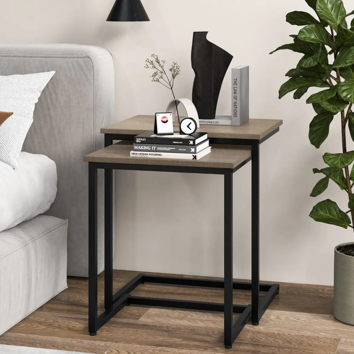 3er Set Beistelltische mit Metallrahmen C-Form Couchtisch Satztisch Sofatisch Graubraun
