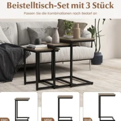 3er Set Beistelltische mit Metallrahmen C-Form Couchtisch Satztisch Sofatisch Graubraun