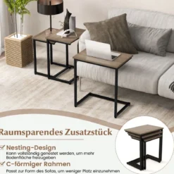3er Set Beistelltische mit Metallrahmen C-Form Couchtisch Satztisch Sofatisch Graubraun