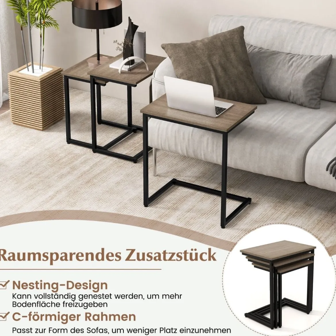 3er Set Beistelltische mit Metallrahmen C-Form Couchtisch Satztisch Sofatisch Graubraun