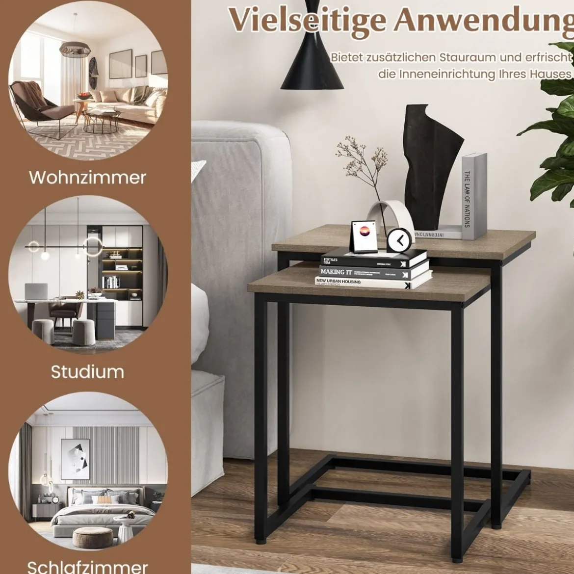 3er Set Beistelltische mit Metallrahmen C-Form Couchtisch Satztisch Sofatisch Graubraun