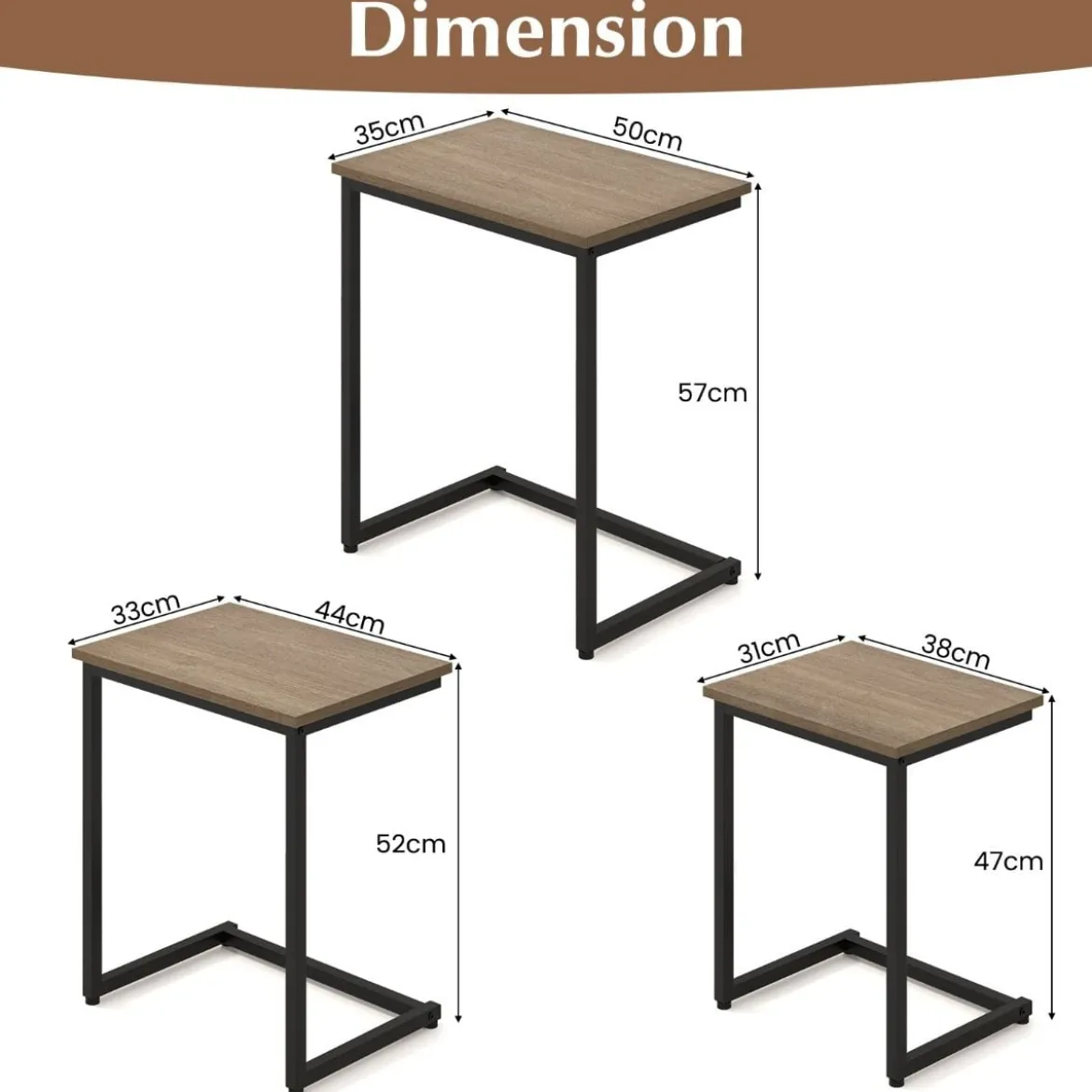 3er Set Beistelltische mit Metallrahmen C-Form Couchtisch Satztisch Sofatisch Graubraun