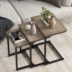 3er Set Beistelltische mit Metallrahmen C-Form Couchtisch Satztisch Sofatisch Graubraun