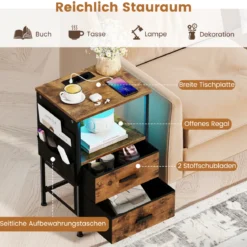 2er Set Beistelltisch mit Ladestation Nachttisch mit 2 faltbaren Stoffschubladen 6 seitlichen Aufbewahrungstaschen Rustikal Braun
