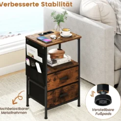 2er Set Beistelltisch mit Ladestation Nachttisch mit 2 faltbaren Stoffschubladen 6 seitlichen Aufbewahrungstaschen Rustikal Braun