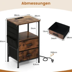 2er Set Beistelltisch mit Ladestation Nachttisch mit 2 faltbaren Stoffschubladen 6 seitlichen Aufbewahrungstaschen Rustikal Braun