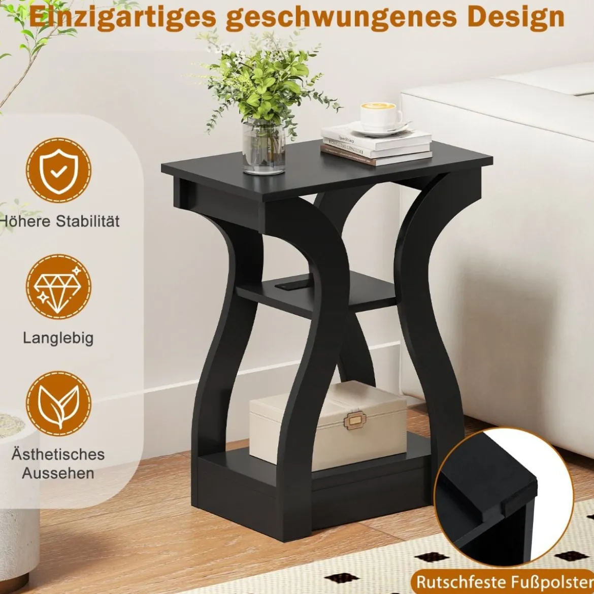 2er Set Beistelltisch mit Ladestation 3-stöckiger Sofatisch Nachttisch mit USB-Anschlüsse Schwarz