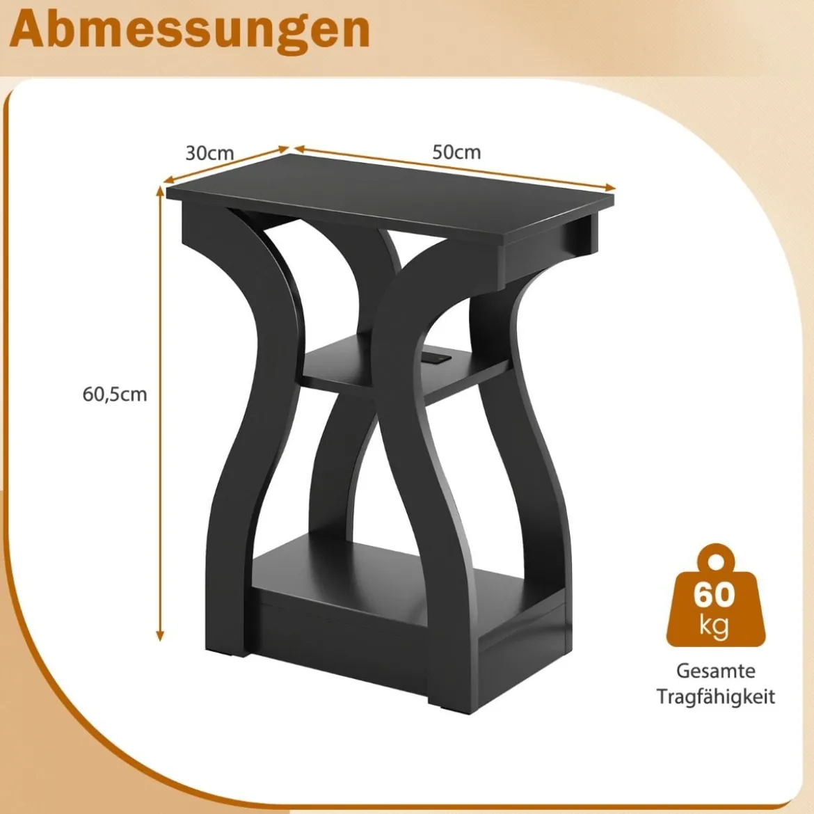 2er Set Beistelltisch mit Ladestation 3-stöckiger Sofatisch Nachttisch mit USB-Anschlüsse Schwarz