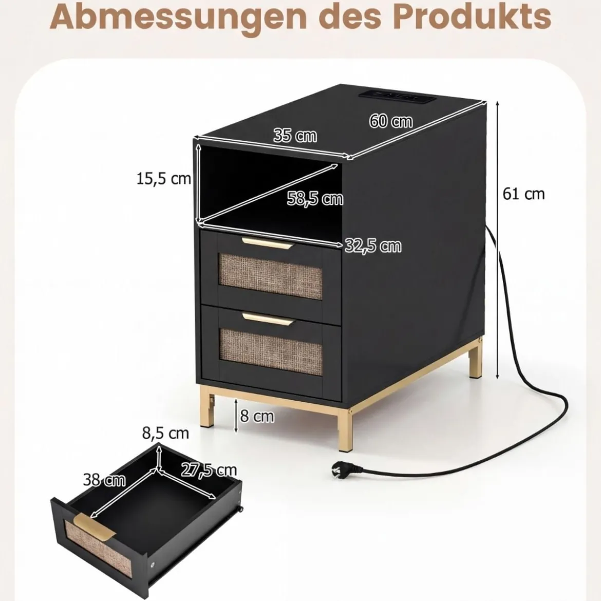 2er Set Beistelltisch mit Ladestation & 2 Schubladen Nachttisch aus Ratten & Holz Schwarz