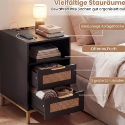 2er Set Beistelltisch mit Ladestation & 2 Schubladen Nachttisch aus Ratten & Holz Schwarz
