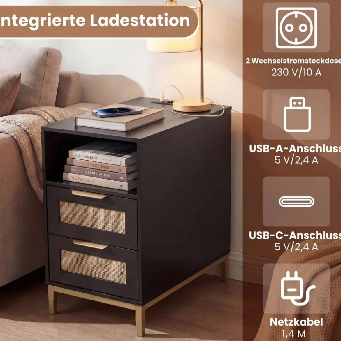 2er Set Beistelltisch mit Ladestation & 2 Schubladen Nachttisch aus Ratten & Holz Schwarz