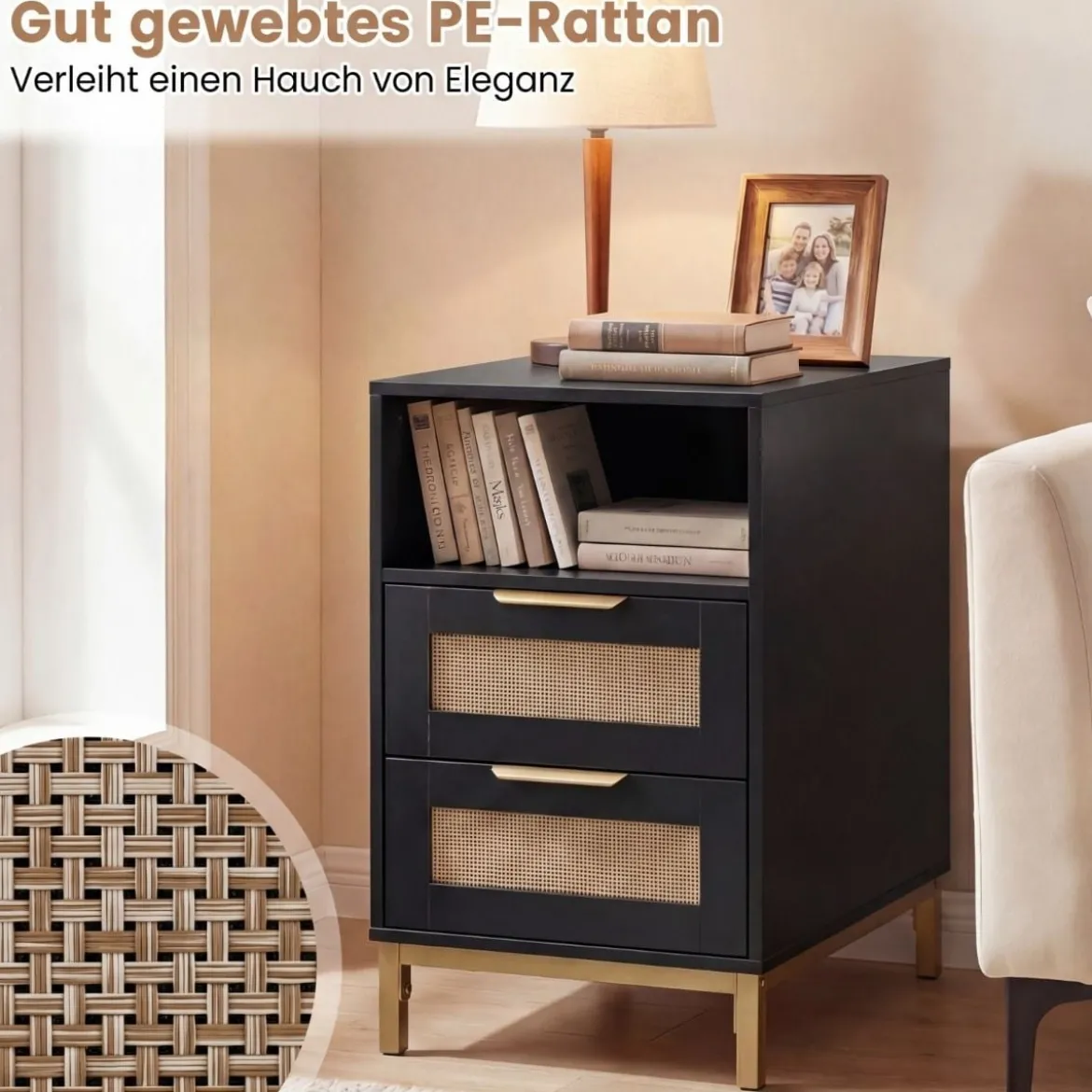 2er Set Beistelltisch mit Ladestation & 2 Schubladen Nachttisch aus Ratten & Holz Schwarz