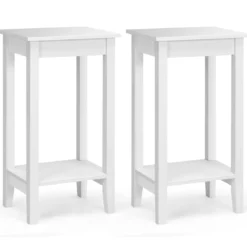 2 er Set Beistelltisch mit Regal 2-stöckiger hoher Sofatisch mit 4 Massivholzbeinen Weiß