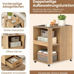 2er Set Beistelltisch mit Rollen rollbarer Nachttisch mit Schubladen & Regalen Nachttisch Natur