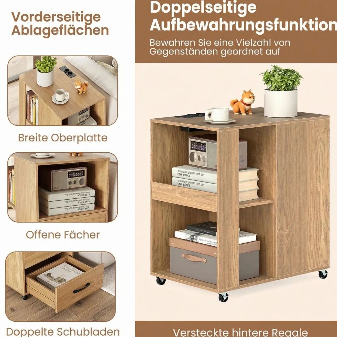 2er Set Beistelltisch mit Rollen rollbarer Nachttisch mit Schubladen & Regalen Nachttisch Natur