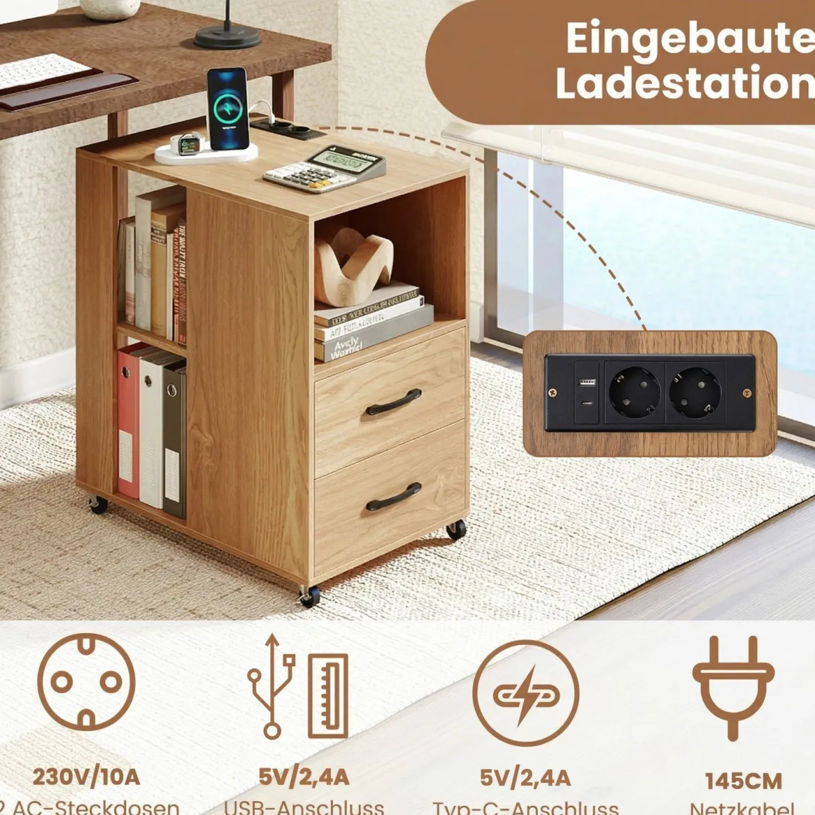 2er Set Beistelltisch mit Rollen rollbarer Nachttisch mit Schubladen & Regalen Nachttisch Natur