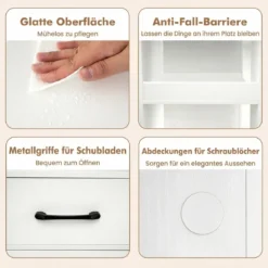 2er Set Beistelltisch mit Rollen rollbarer Nachttisch mit Schubladen & Regalen Nachttisch Weiß