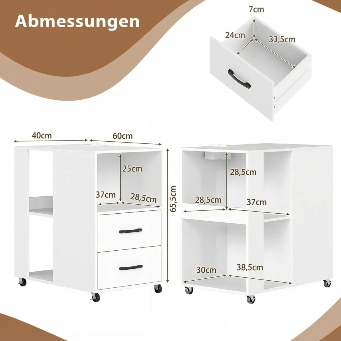2er Set Beistelltisch mit Rollen rollbarer Nachttisch mit Schubladen & Regalen Nachttisch Weiß