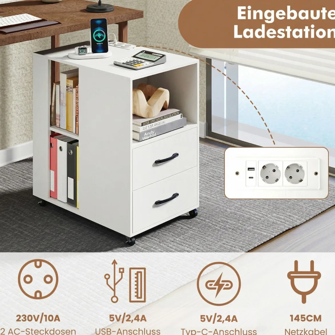 2er Set Beistelltisch mit Rollen rollbarer Nachttisch mit Schubladen & Regalen Nachttisch Weiß
