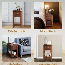 2er Set Beistelltisch mit Schublade & Ablage 2-stöckiger Sofatisch Nachttisch Rotbraun