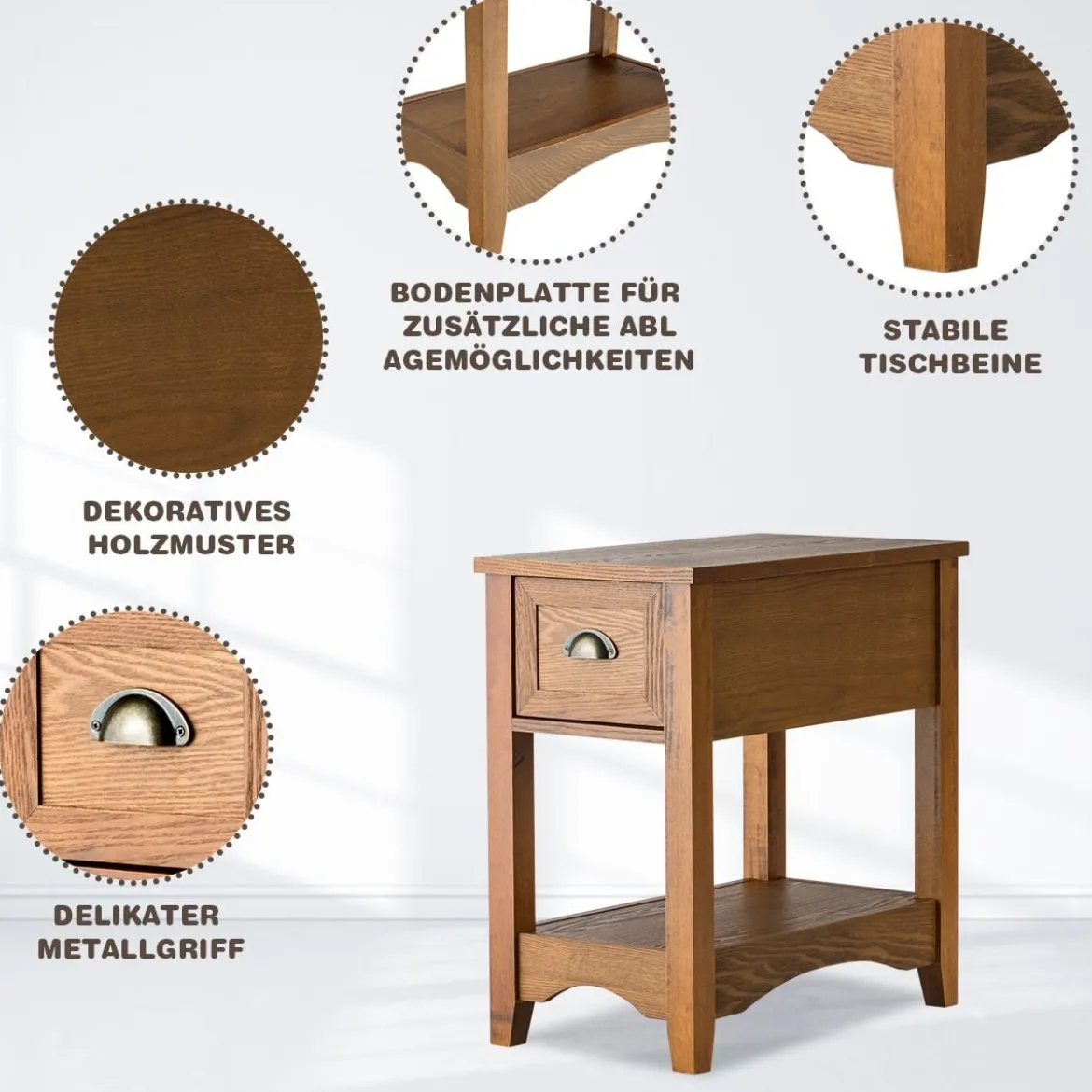 2er Set Beistelltisch mit Schublade & Ablage 2-stöckiger Sofatisch Nachttisch Gelbbraun