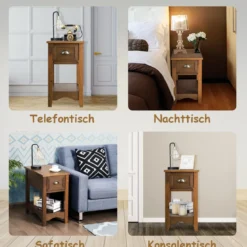 2er Set Beistelltisch mit Schublade & Ablage 2-stöckiger Sofatisch Nachttisch Gelbbraun