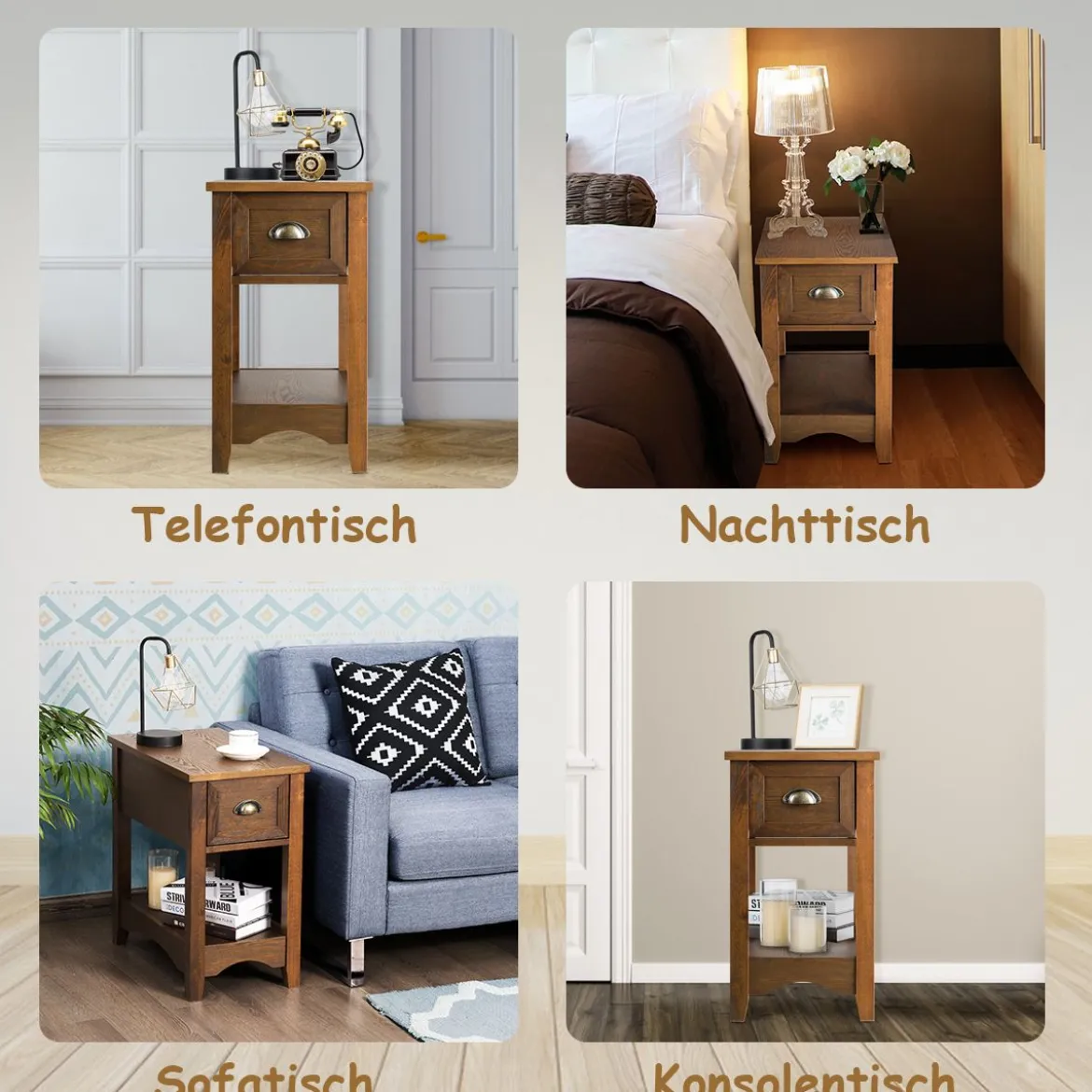 2er Set Beistelltisch mit Schublade & Ablage 2-stöckiger Sofatisch Nachttisch Gelbbraun