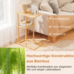2er Set Beistelltisch Schmaler Nachttisch Rechteckiger Sofatisch C-Form Bambus Countisch