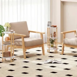 2er Set Beistelltisch 3 Stockig Rund aus Bambus Nachttisch Sofatisch Weiß + Natur