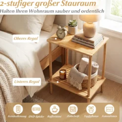 2er Set Beistelltisch 2 Stufig Bambus Rechteckig Sofatisch Nachttisch für Wohnzimmer Natur